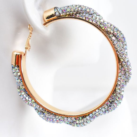 3" Boho Braid Twist AB Rhinestone Hoop Earrings - Picture 10 of 11